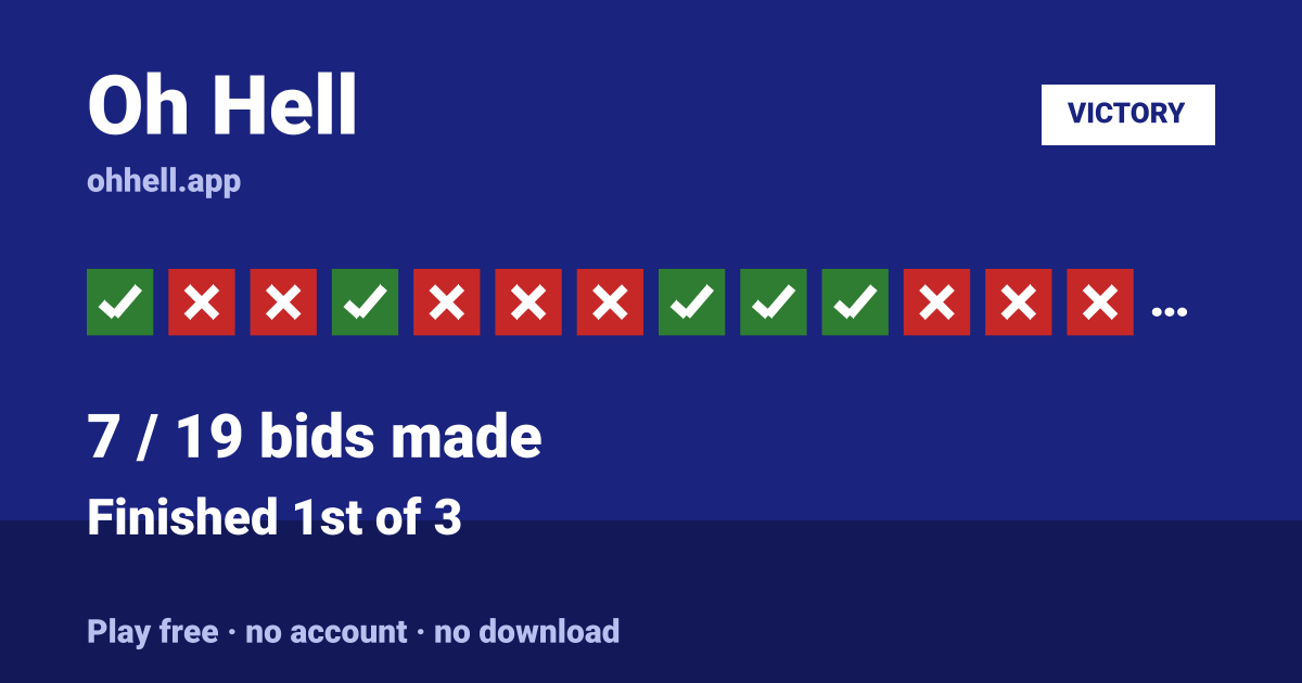 Finished 1st of 3 · 7/19 bids made. Play Oh Hell free — no account, no download.