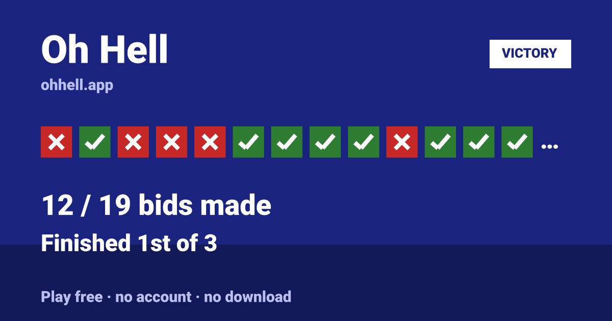 Finished 1st of 3 · 12/19 bids made. Play Oh Hell free — no account, no download.