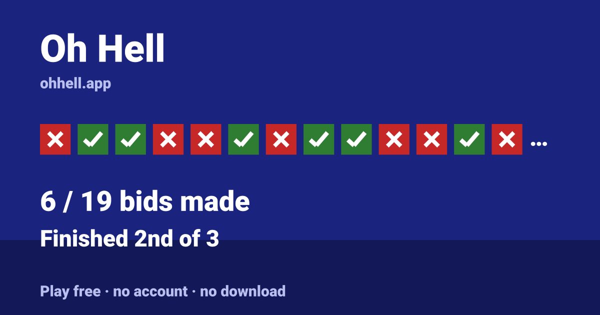 Finished 2nd of 3 · 6/19 bids made. Play Oh Hell free — no account, no download.