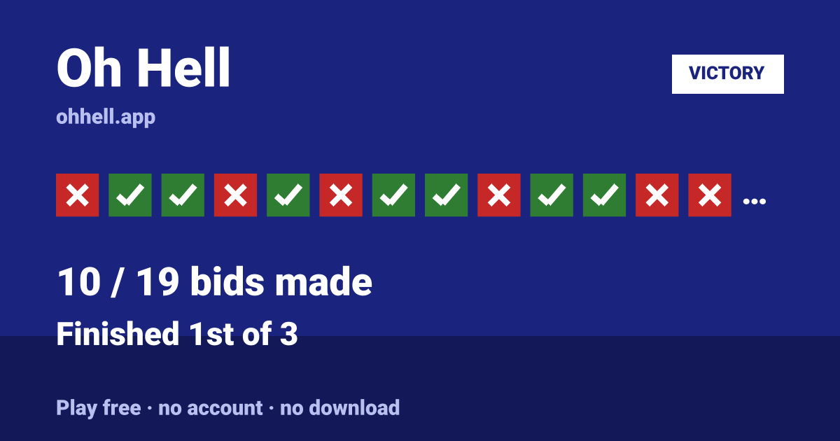 Finished 1st of 3 · 10/19 bids made. Play Oh Hell free — no account, no download.